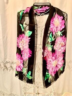 Lauren Ralph Lauren Black Scarf with Pink Floral Print 11” x 58” silk